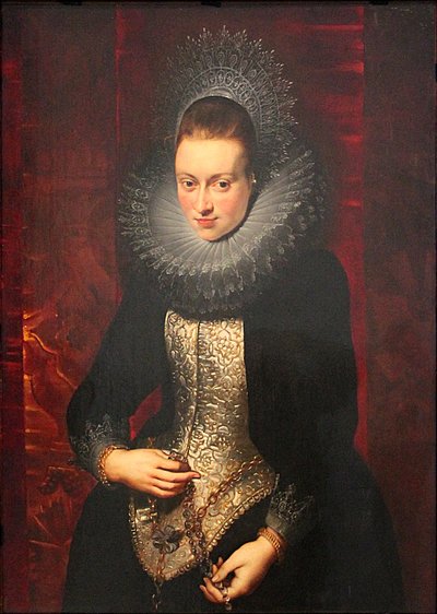 Portret van een jonge vrouw met een rozenkrans door Peter Paul Rubens